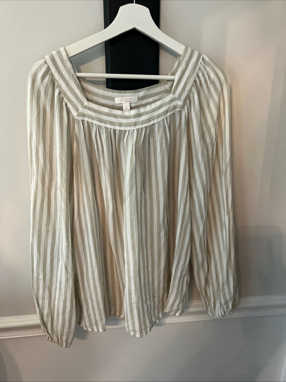 LC Lauren Conrad Cream & White Striped Square-Neck Peasant Blouse